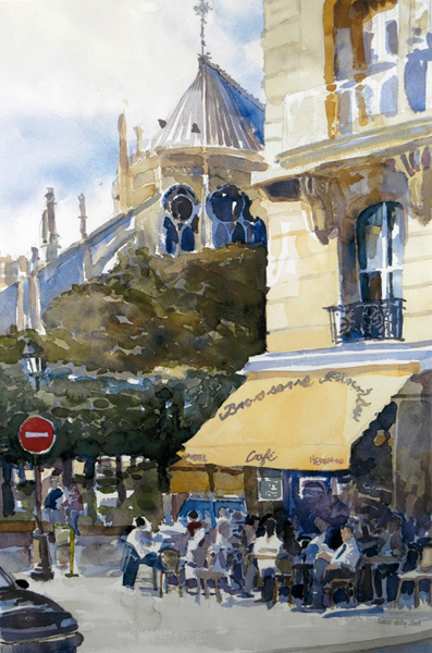 "View of Notre Dame from Ile Saint Louis", by Robert Leedy, 2003, watercolor on paper, Collection of Ms. Kathryn H. Humphries, Atlantic Beach, Florida