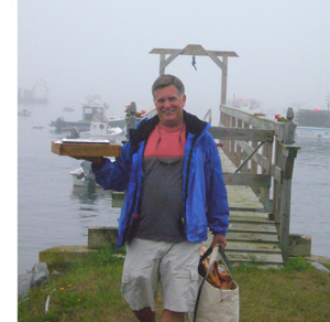 Robert Leedy returning from Amy's dock, Owls Head Harbor Maine, August 2008, photo by Ralph Steinglass