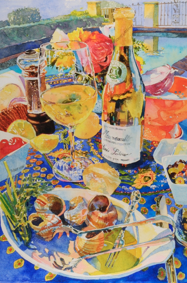 "l'escargotmeursault", by Robert Leedy, watercolor on Arches 300 lb. Cold Press paper, 18" x 12", commissioned work.